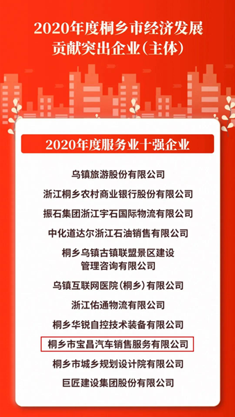 金昌汽车下属桐乡宝昌获评服务业十强企业