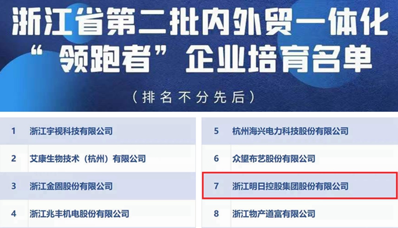 明日控股获评浙江省内外贸一体化“领跑者”企业